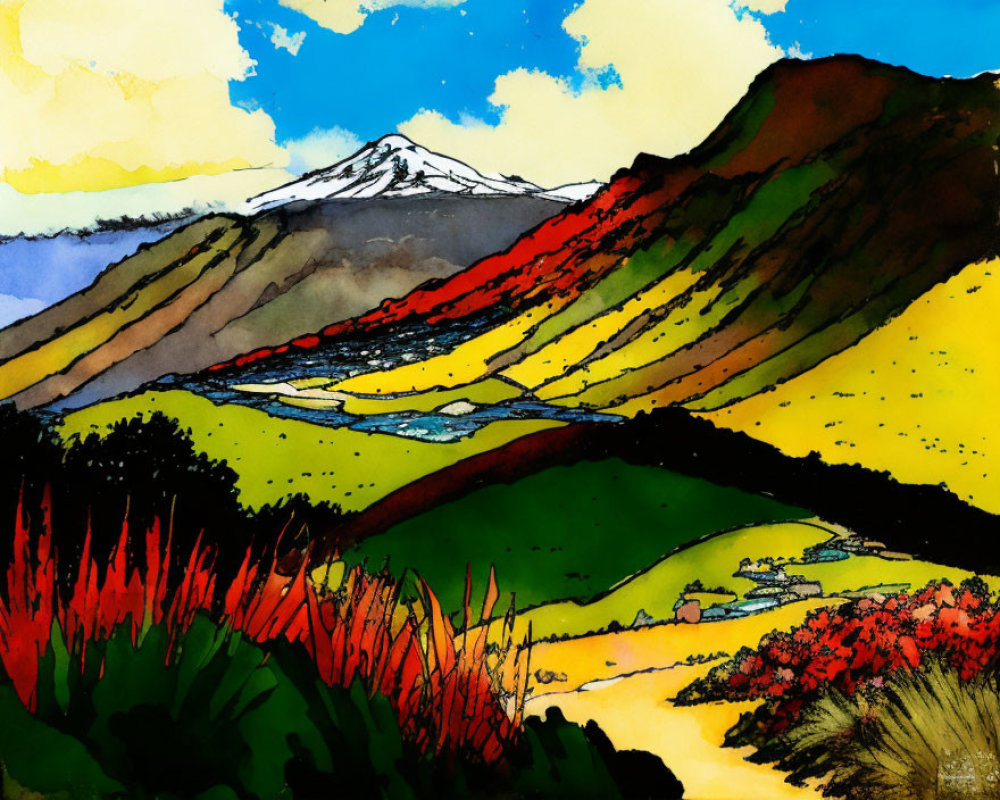 Colorful Landscape Painting with Snow-Capped Mountain & Vibrant Flora