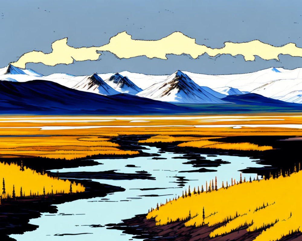 Vibrant landscape with blue mountains, yellow meadow, and meandering river