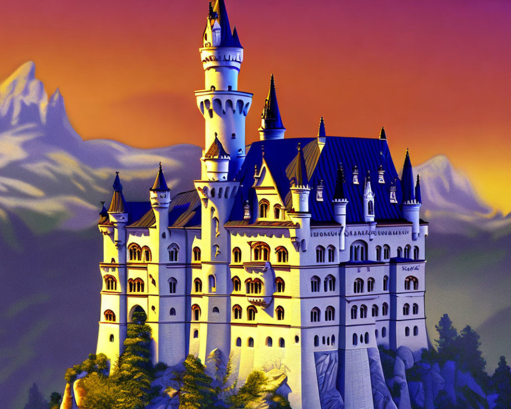 White Fairytale Castle Towers Against Twilight Sky & Mountains