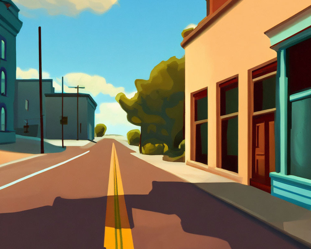 Stylized painting of sunny deserted street with buildings and shadows