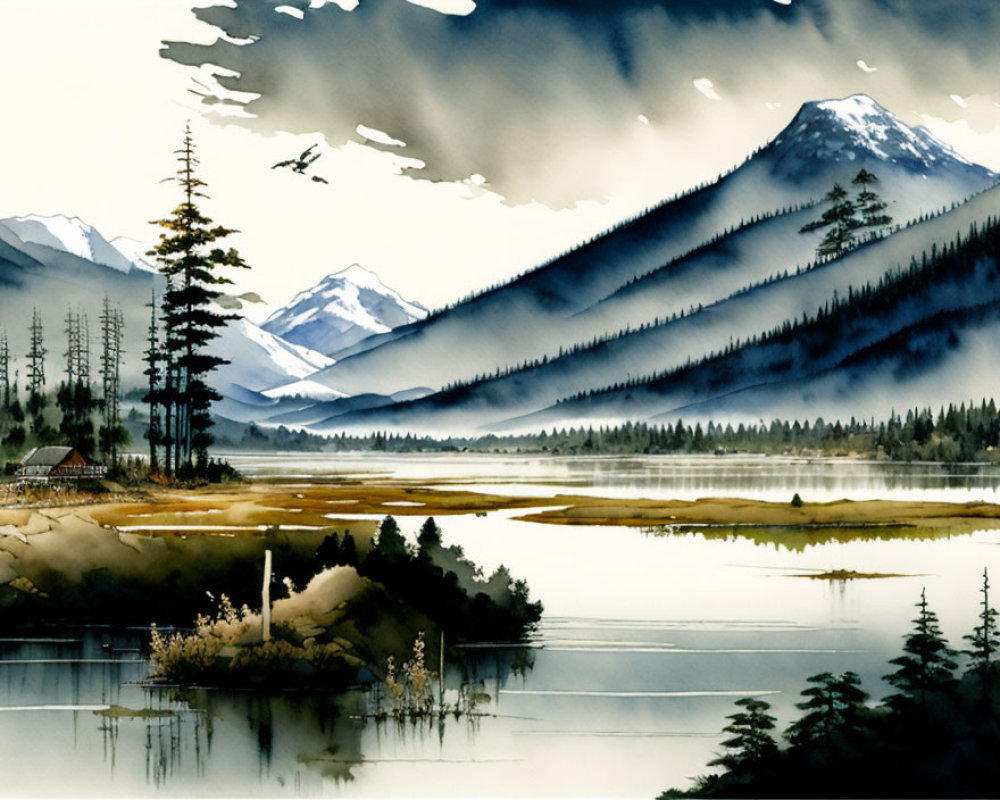 Mountainous Landscape Watercolor Painting with Lake, Trees, Cabin, and Mist