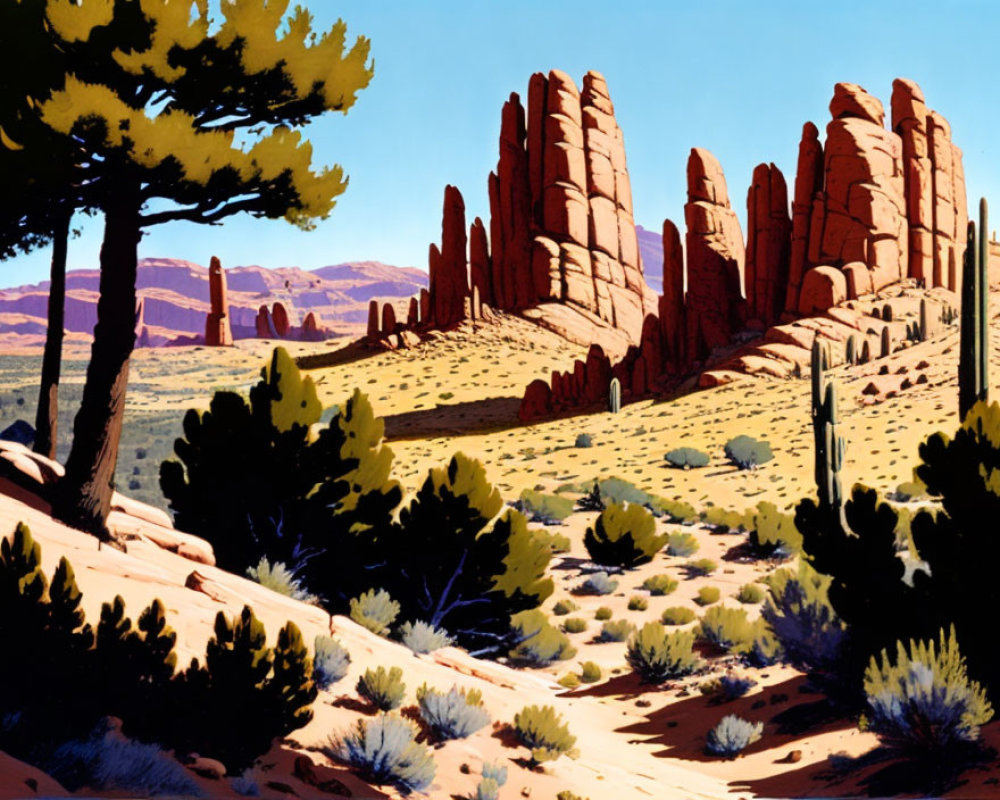 Desert scene with red rock formations and blue sky