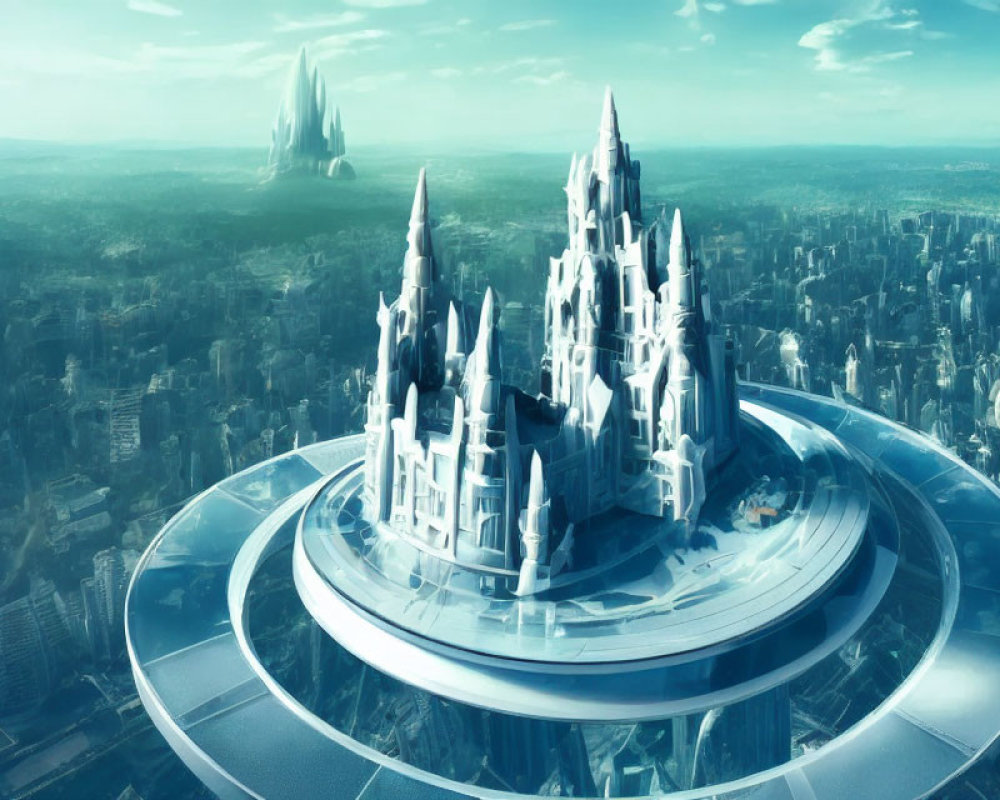 Futuristic cityscape with crystalline spires on circular platform