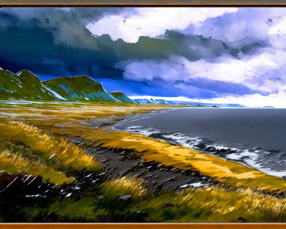 Colorful coastal landscape painting with dark clouds, green cliffs, golden beach, and serene ocean