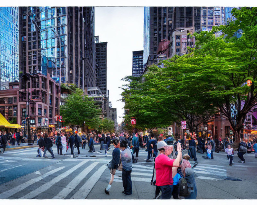 Urban cityscape with pedestrians, high-rises, trees, and clear dusk sky