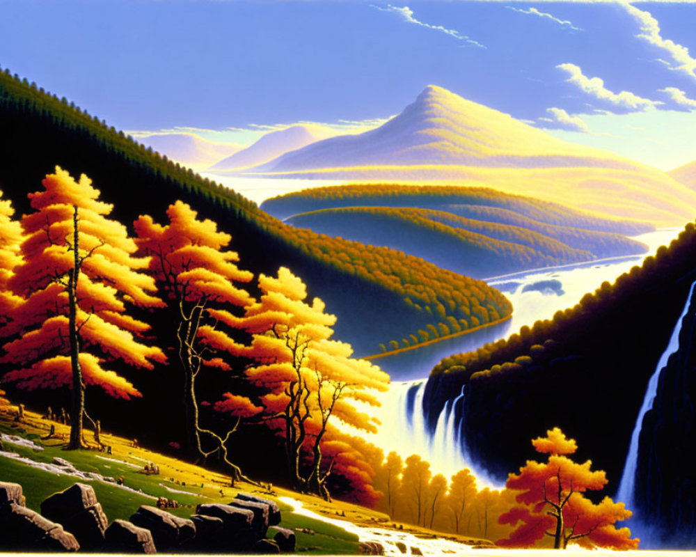 Scenic autumn landscape with golden trees, waterfall, and river