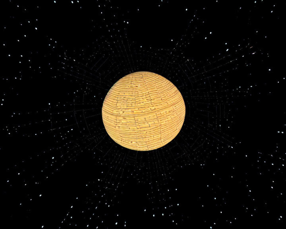 Yellow Textured Sphere Surrounded by White Dots on Black Background