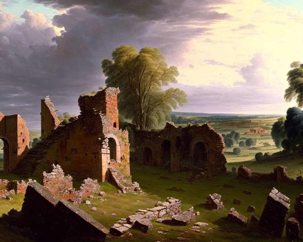 Tranquil landscape with ancient ruins and dramatic sky