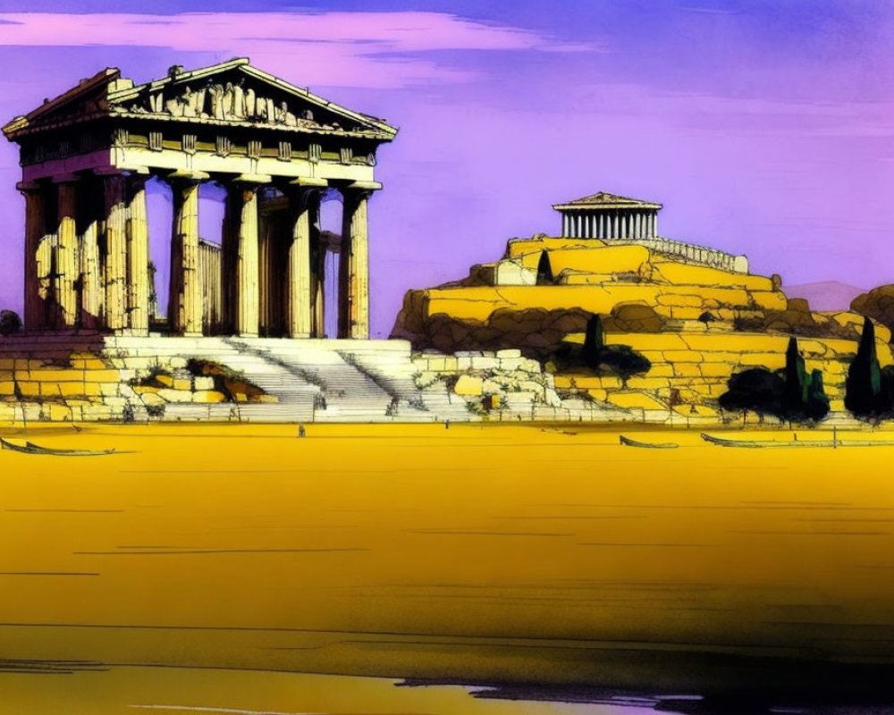 Ancient Greek structures with Parthenon under purple sky