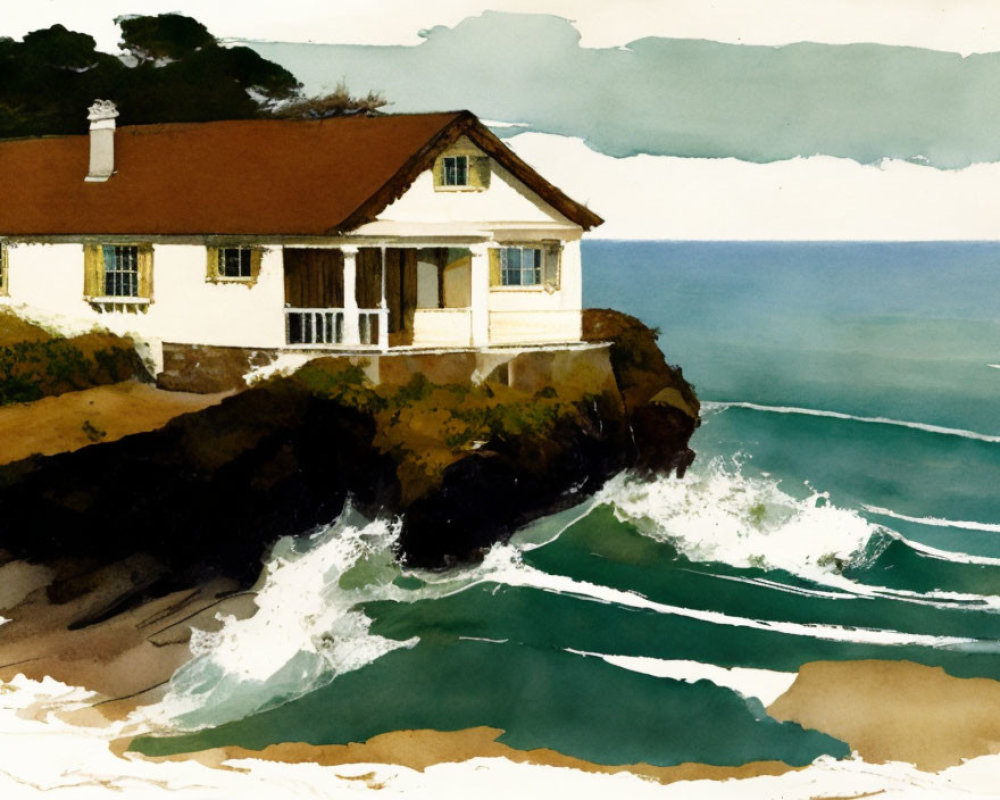 Solitary white house with red roof on rugged cliff by crashing waves