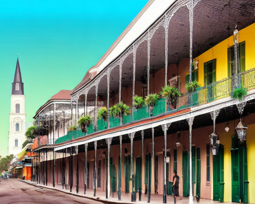 Vibrant street scene with old buildings, balconies, and steeple