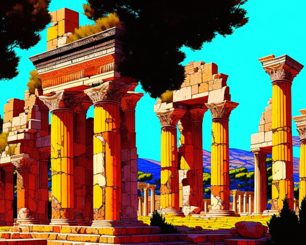 Vibrant digital artwork: Ancient Roman ruins with Corinthian columns in high contrast and saturated hues