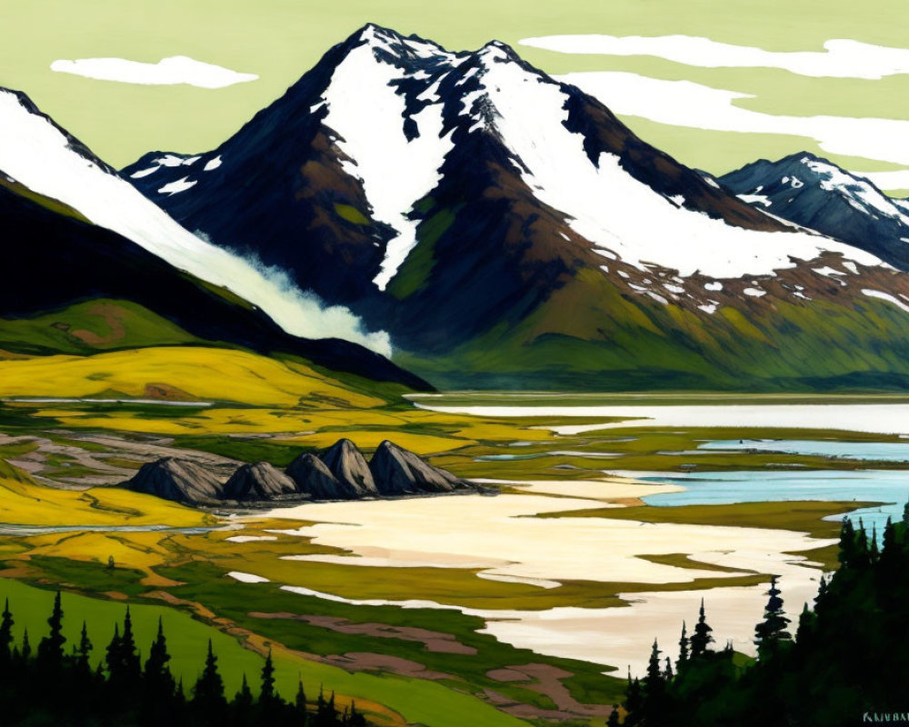 Serene landscape painting with snow-capped mountains and lush greenery