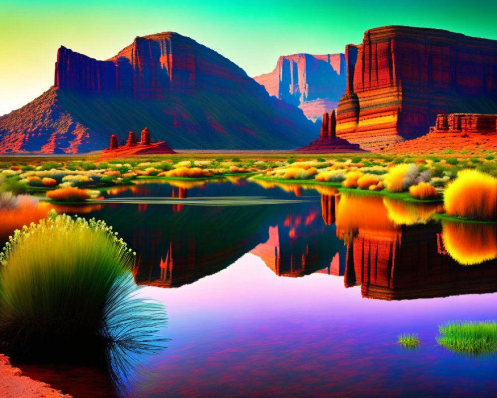 Colorful desert landscape with buttes mirrored in water among lush greenery under a clear sky.