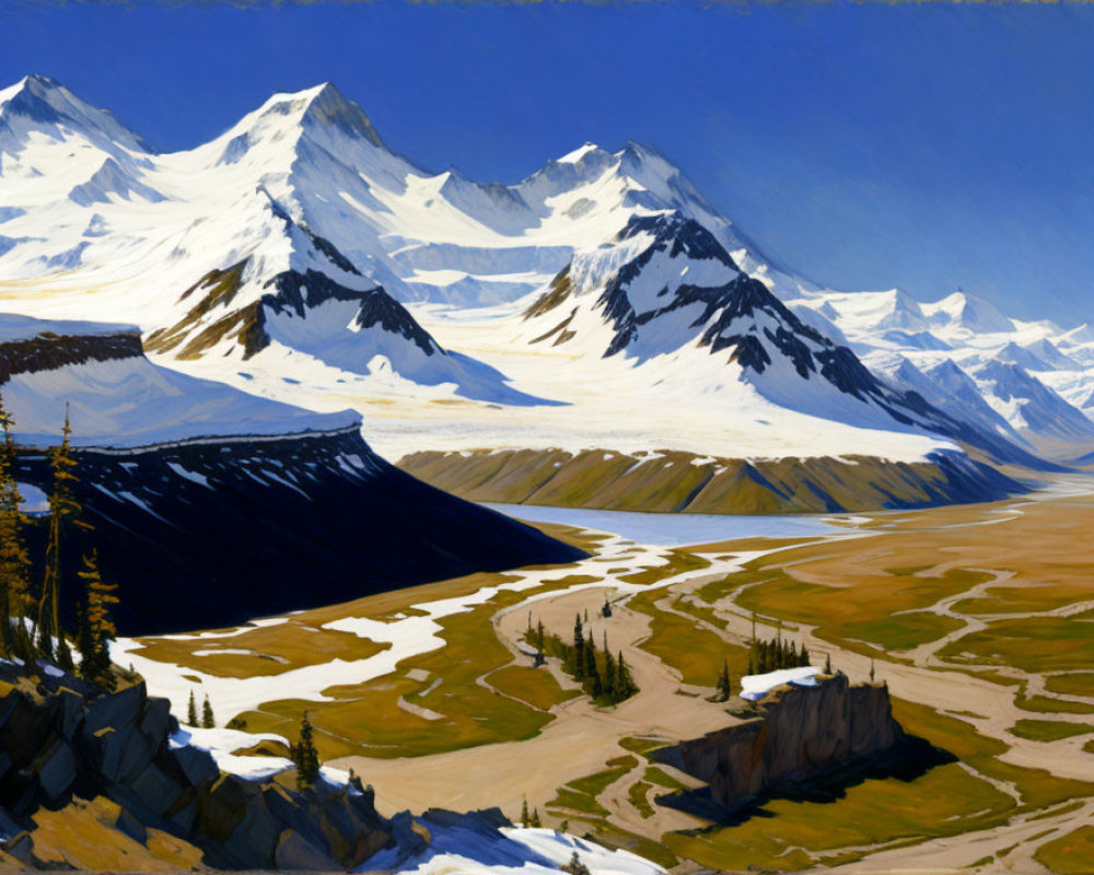 Majestic mountain range painting with snow-capped peaks