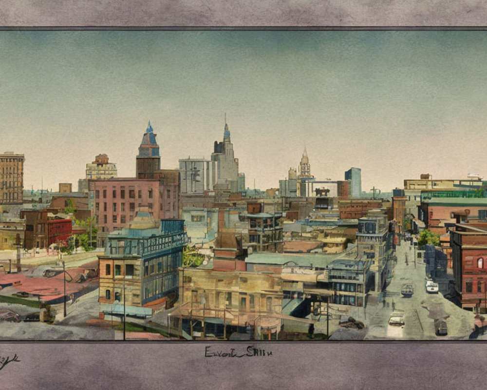 Cityscape Vintage-Style Illustration with Towers & Buildings