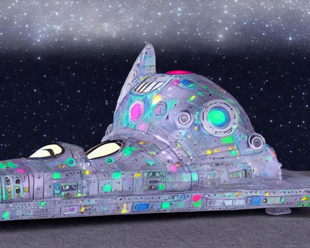 Cartoonish Spaceship with Eyes on Moon Surface and Starry Sky Background