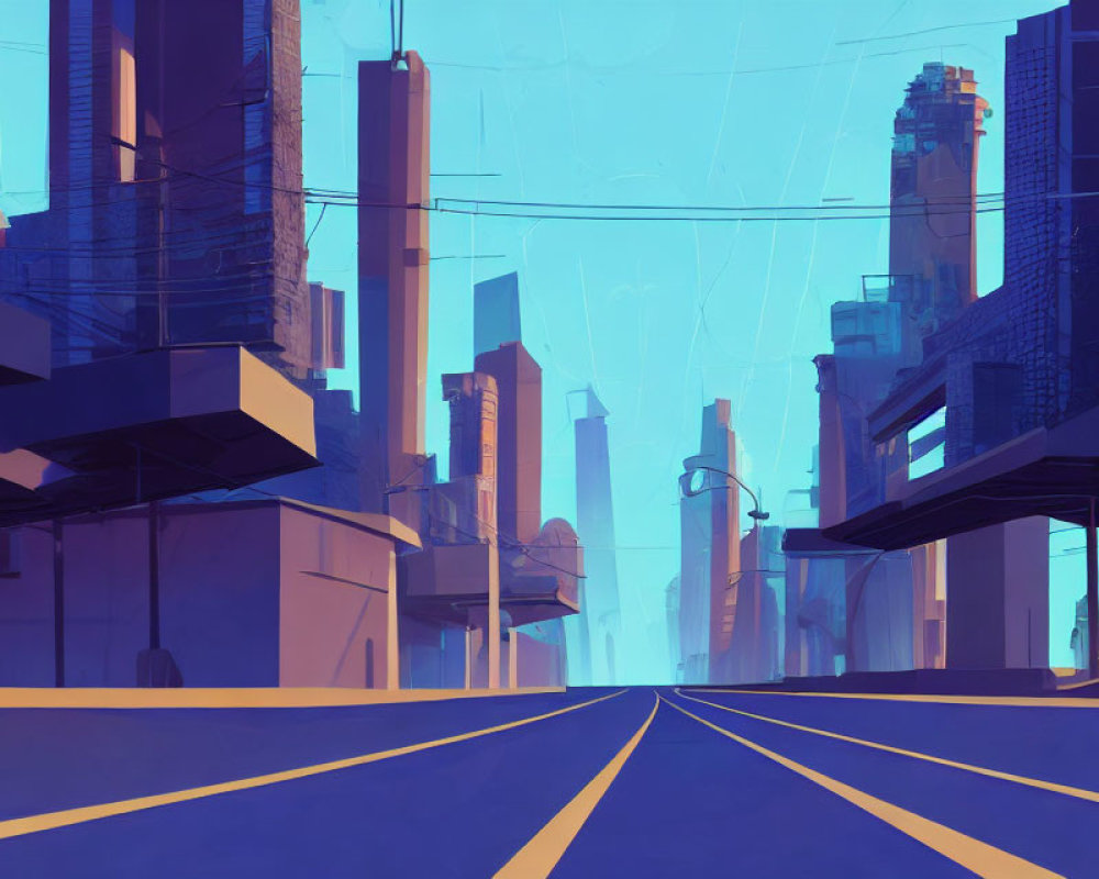 Futuristic deserted city street with blue sky