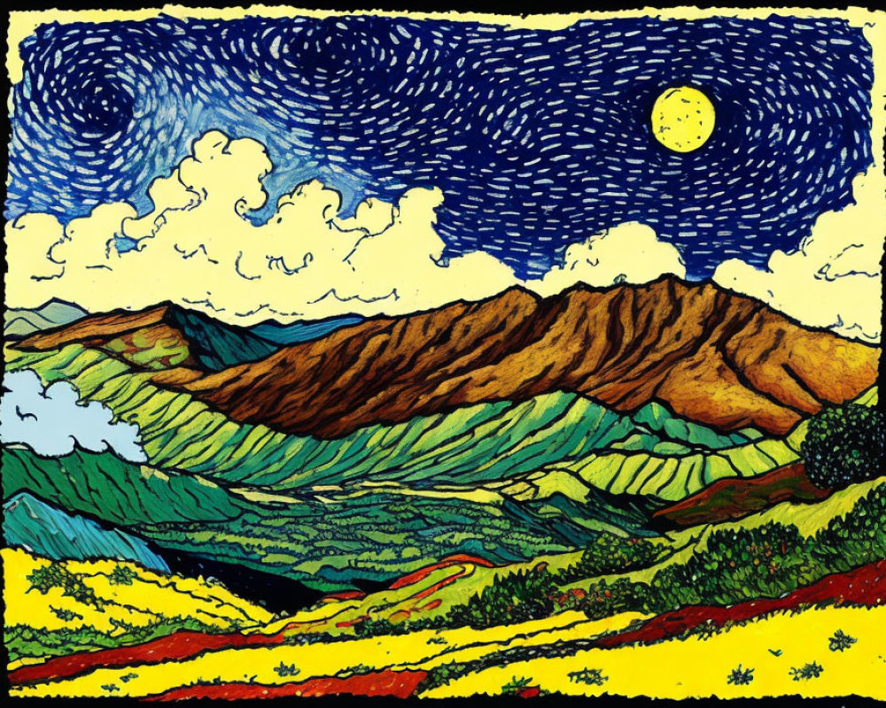 Vibrant landscape with swirling night sky, moon, mountains, valleys, and flowers