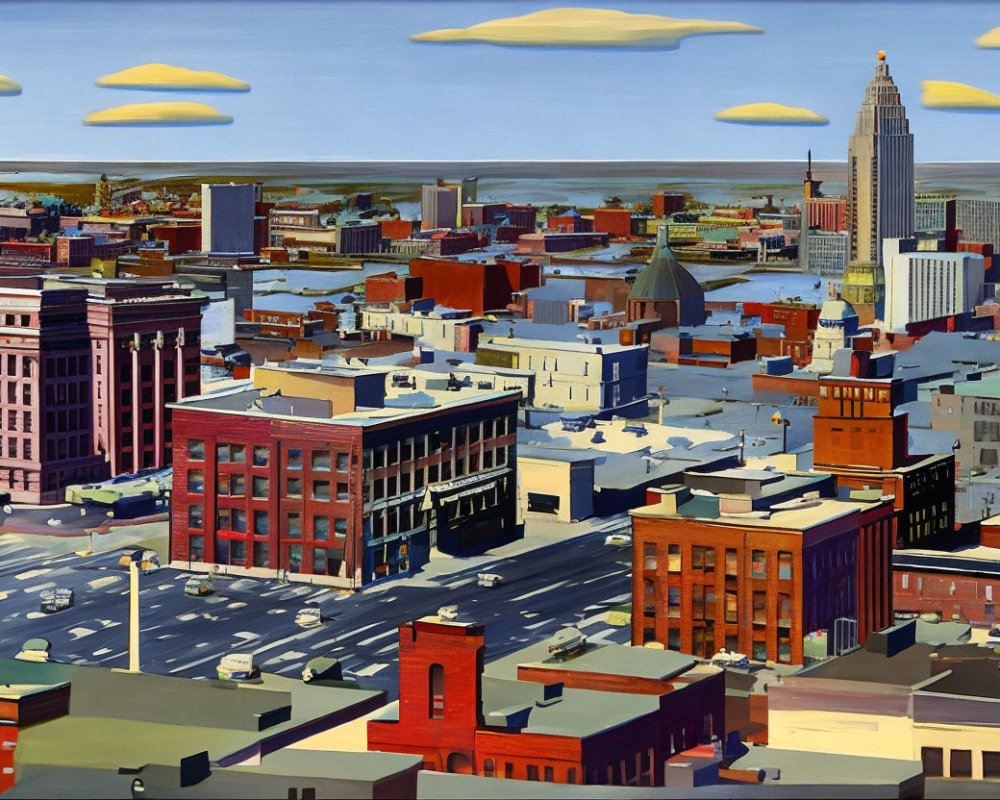 Cityscape painting with red brick and beige buildings under a blue sky.