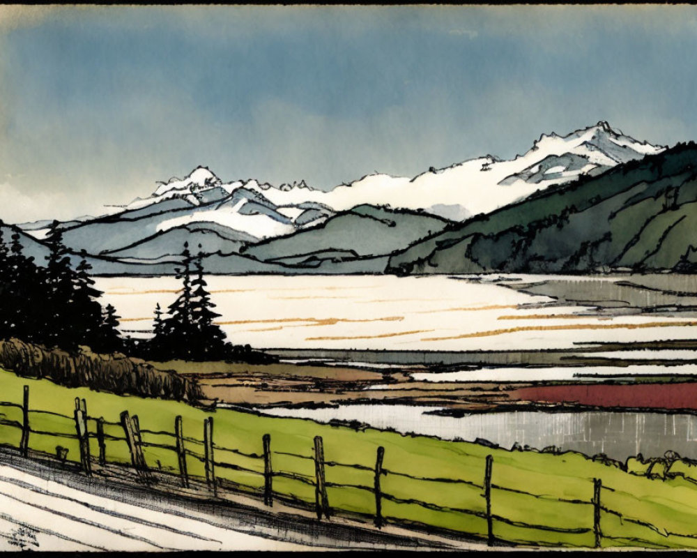 Tranquil landscape with fence-lined road, lake, hills, and mountains