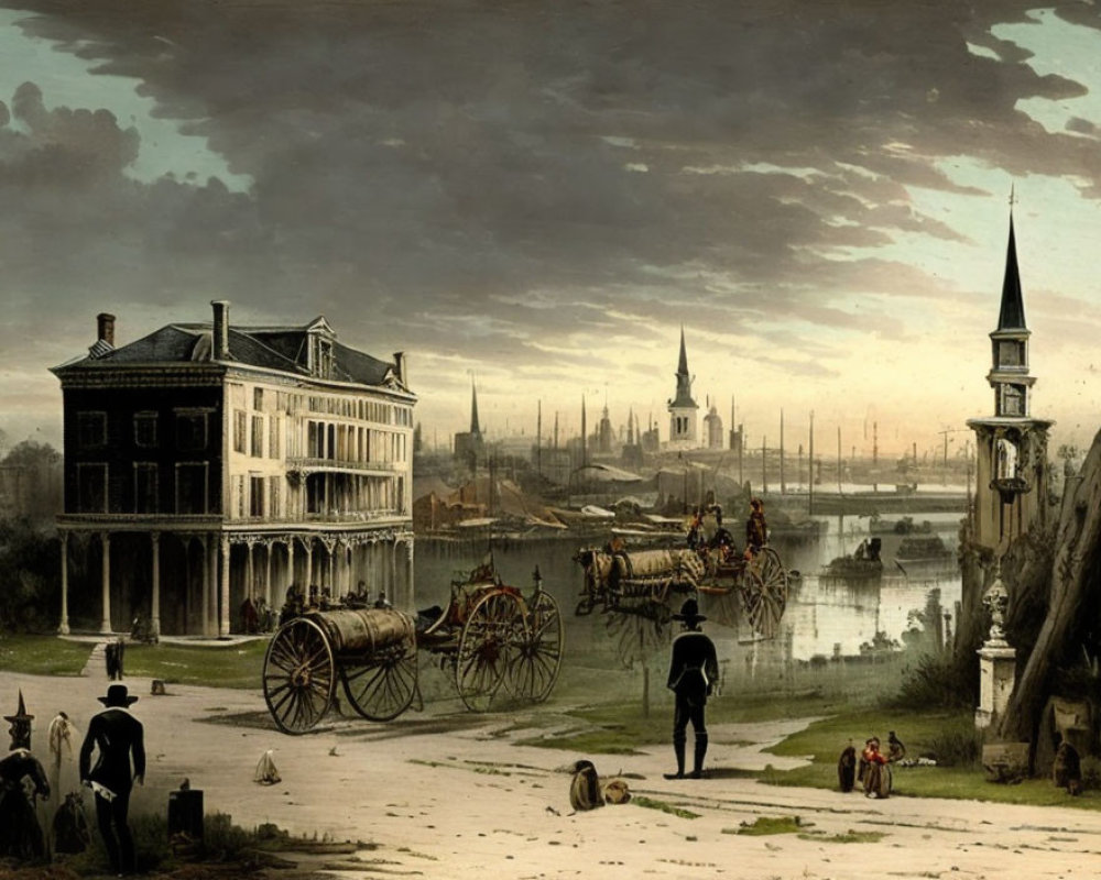 Vintage Painting: Riverside Scene with Horse-Drawn Wagons, People in Period Attire, and