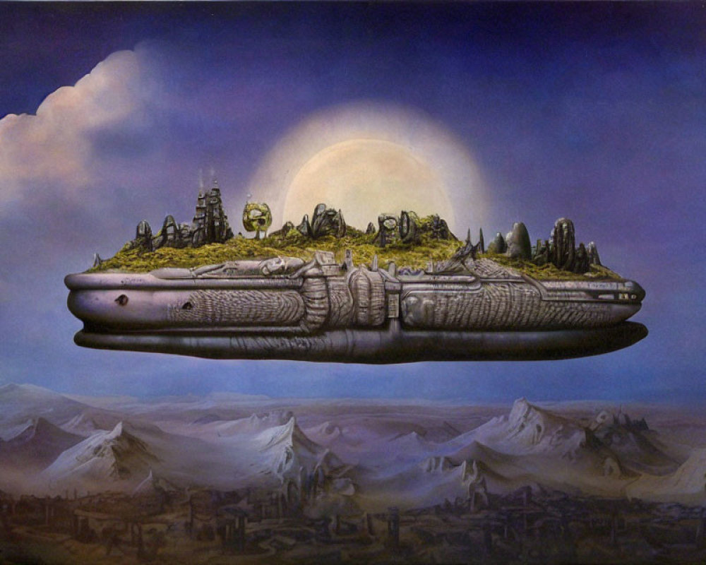 Floating Island Resembling Spaceship with Moon and Mountainous Terrain