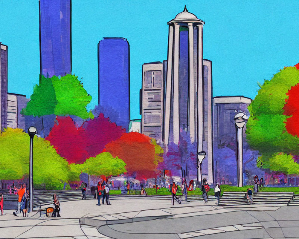 Colorful city park scene with pedestrians and skyscrapers under clear blue sky