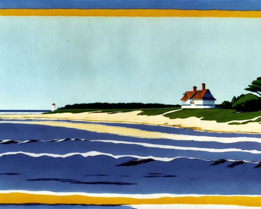 Tranquil beach landscape with red-roofed house, tree, sea, and lighthouse