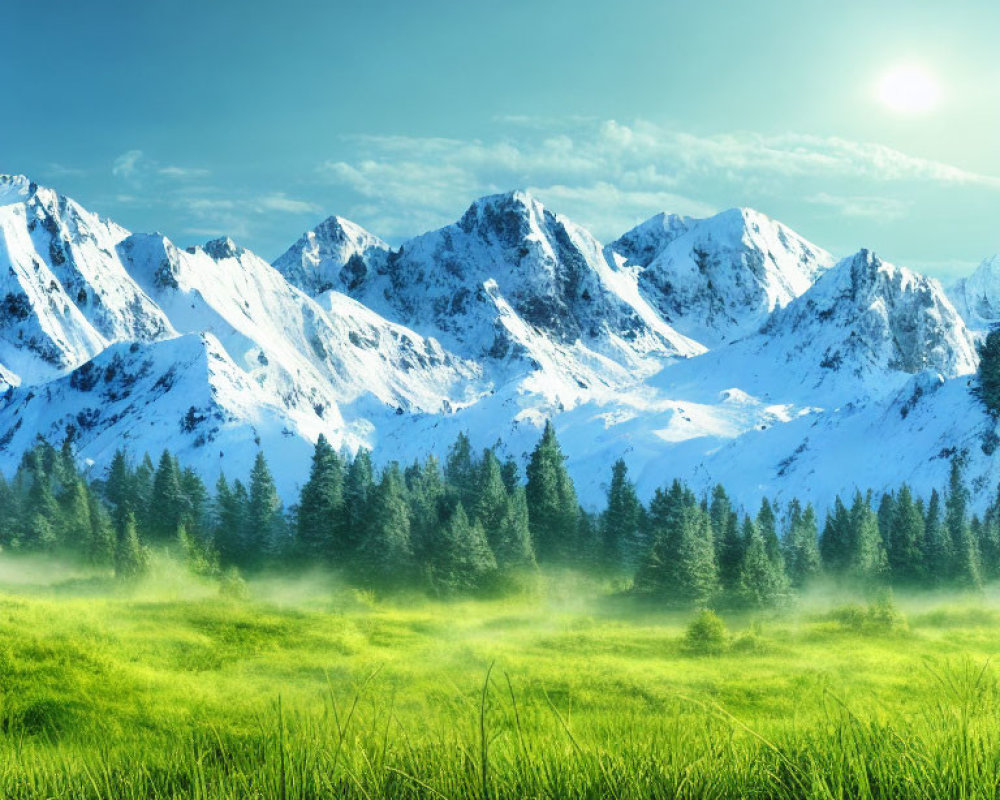 Scenic landscape with sunlit meadow, mist, and snow-capped mountains