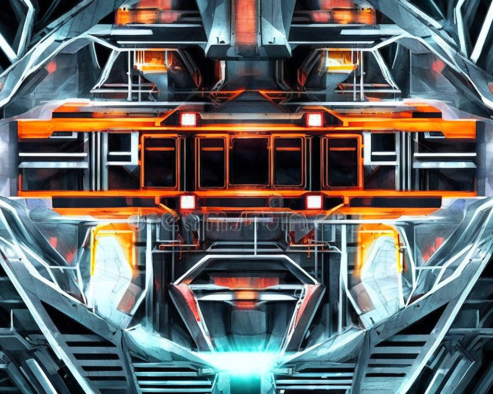 Symmetrical Digital Art: Orange and Blue Futuristic Train in Metallic Surroundings