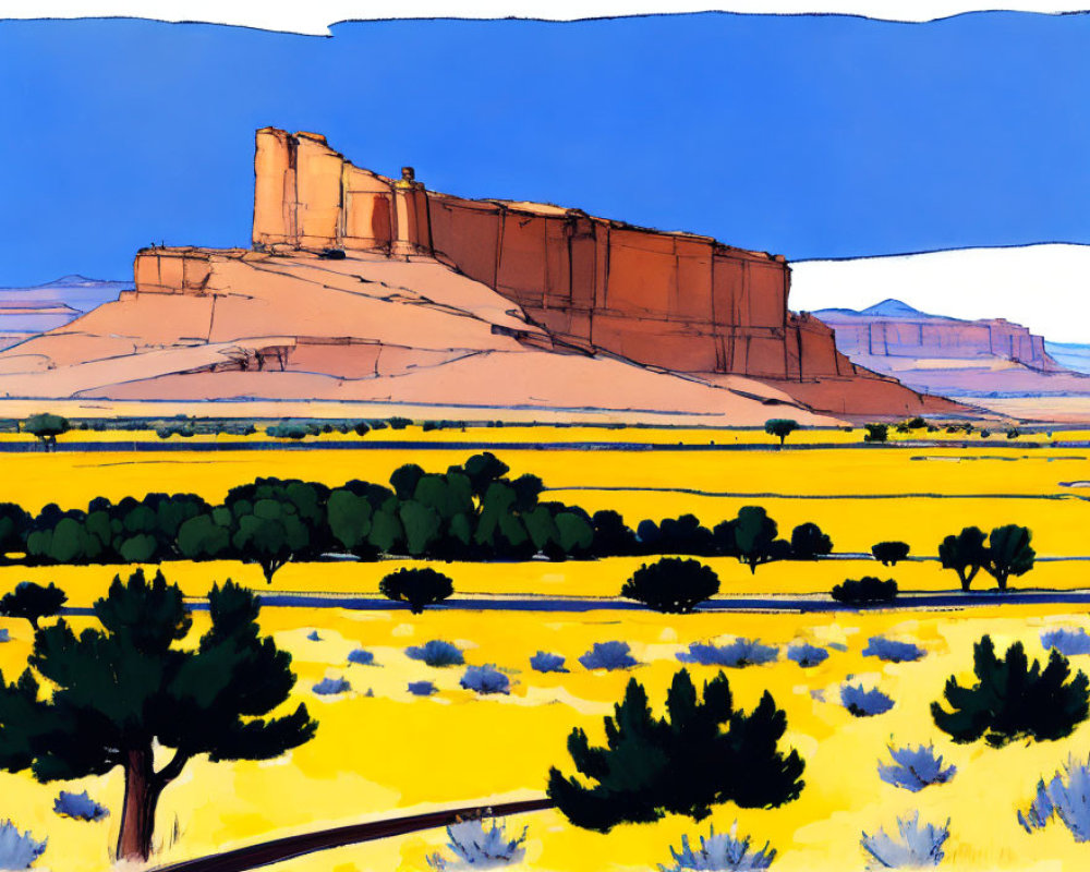 Colorful desert scene with red mesa, yellow ground, green shrubs, and blue sky