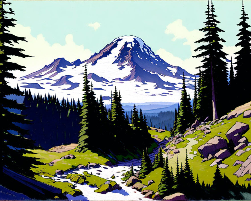 Snow-capped mountain with evergreen trees and stream illustration