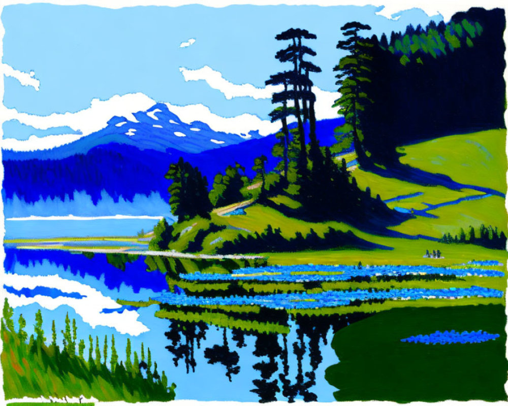 Tranquil lake painting with lush trees and blue mountains