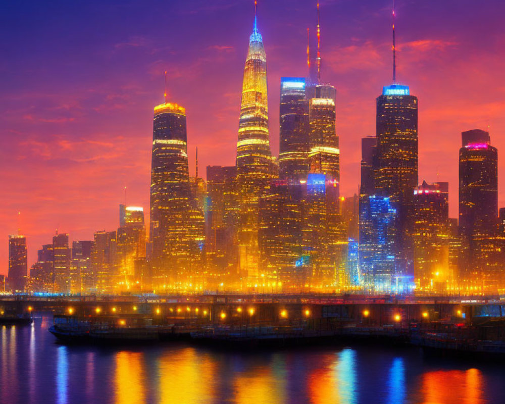 Colorful Twilight Cityscape with Illuminated Skyscrapers