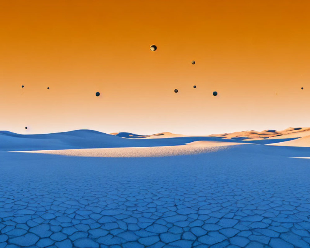 Surreal landscape with cracked white ground and orange sky