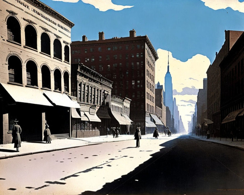 Vintage illustration of sunlit street with pedestrians and classic architecture, early 20th-century cityscape.