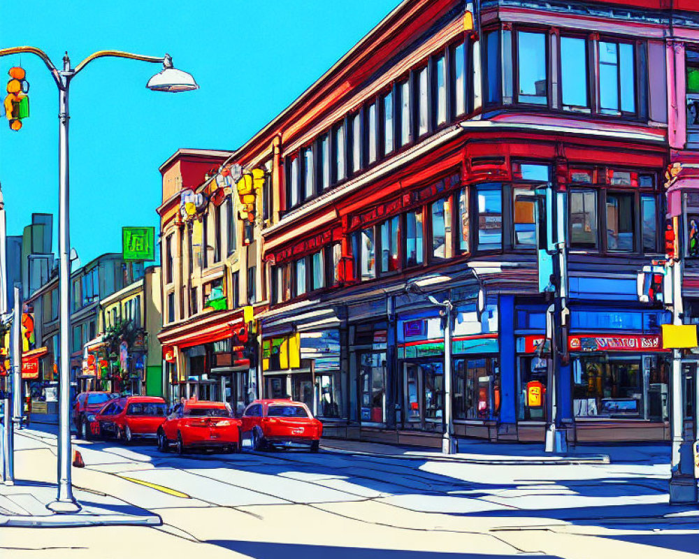 Colorful urban street scene with classic architecture, streetlights, and parked cars under blue sky