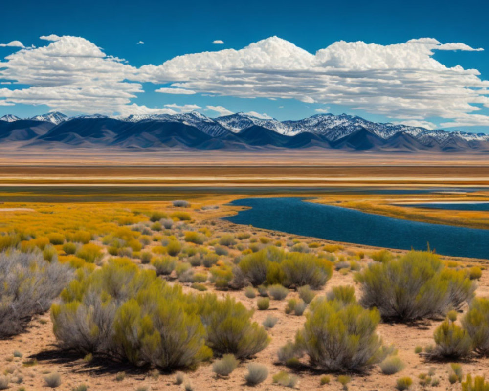 Scenic desert lake with river, golden fields, snow-capped mountains, and cloudy sky