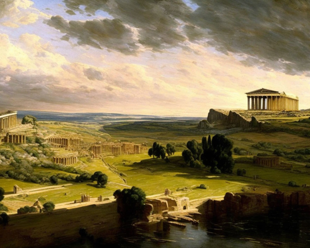 Ancient Greek landscape painting with temples and dramatic sky