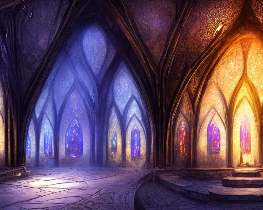 Fantasy-inspired hall with detailed arches and stained glass windows