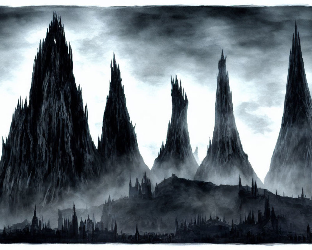 Monochrome Artwork of Jagged Mountains and Ghostly Town