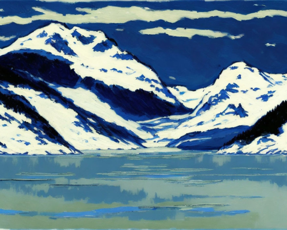 Snowy Mountain Landscape Painting with Lake Reflections in Blue and White Brushstrokes