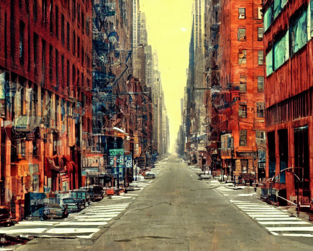 Desolate urban street with tall red buildings under hazy sky