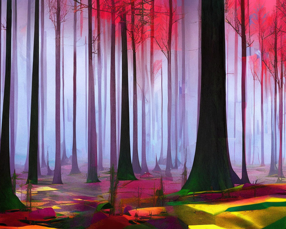 Colorful Stylized Forest Scene with White Tree Trunks