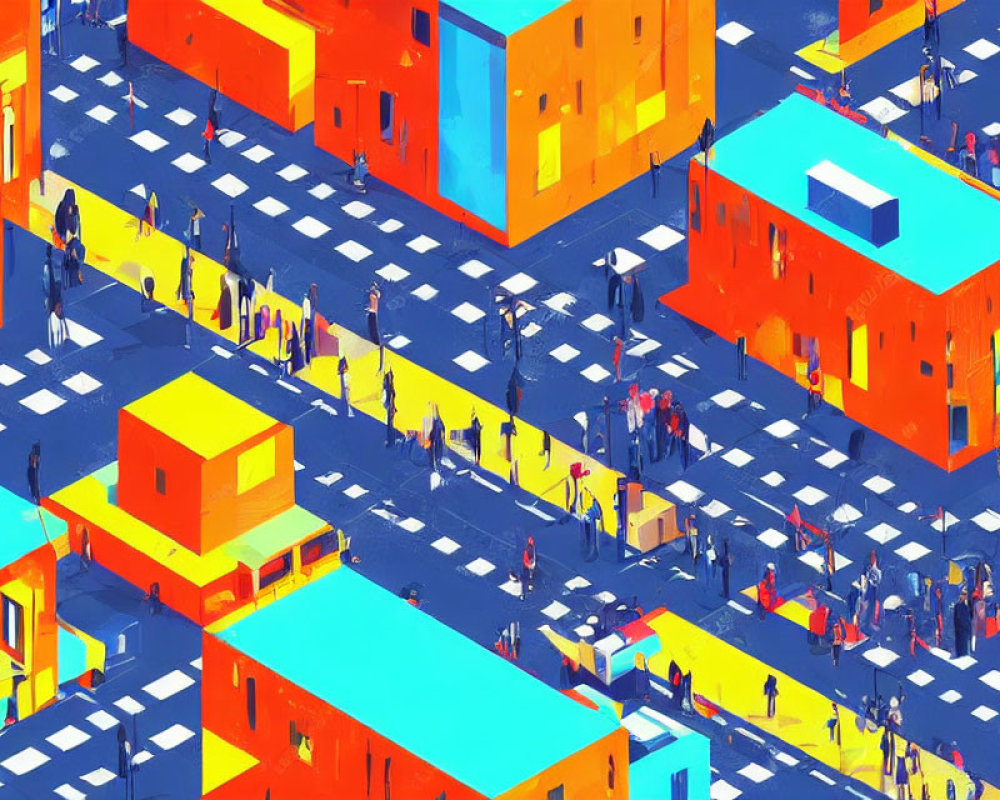 Vibrant Abstract Isometric Cityscape with Miniature Figures