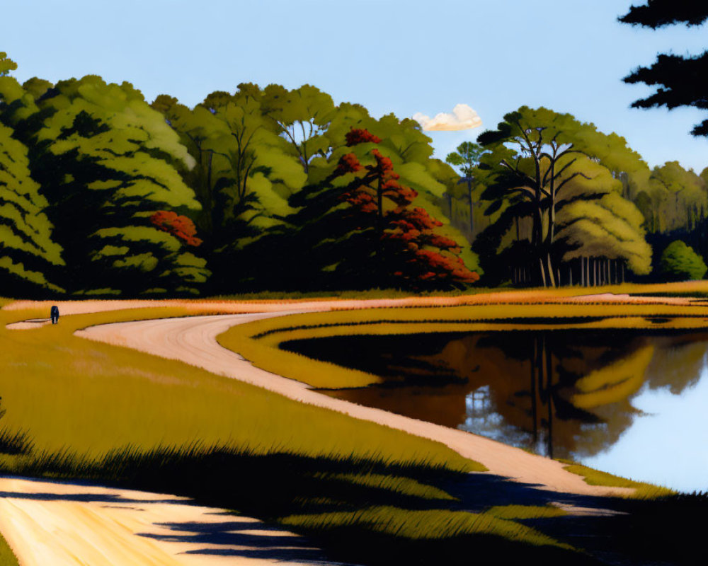 Person walking along curved path by still lake with autumnal trees and blue sky