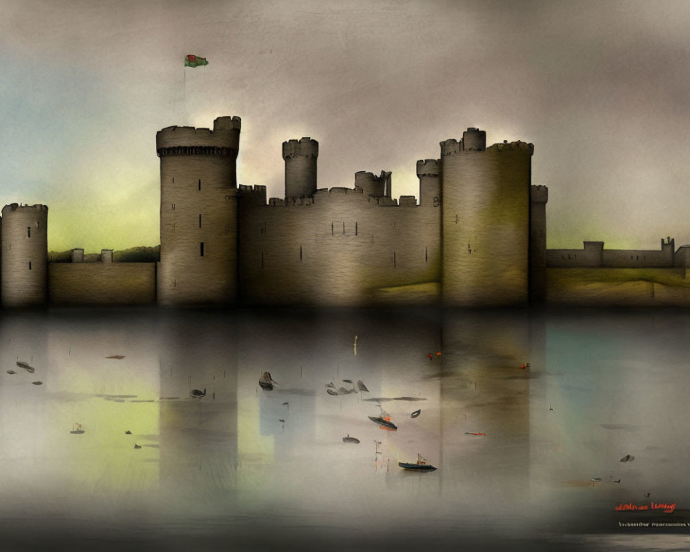 Medieval castle with towers near reflective water and boats on surface