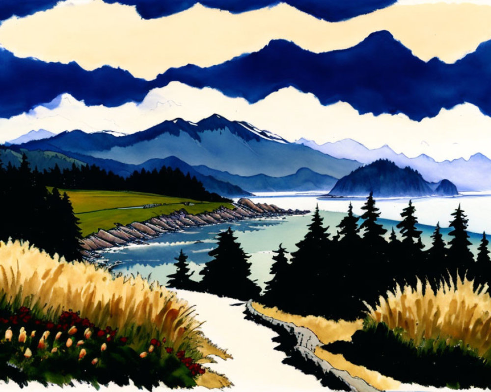 Coastal landscape painting with mountains, beach, and dark clouds