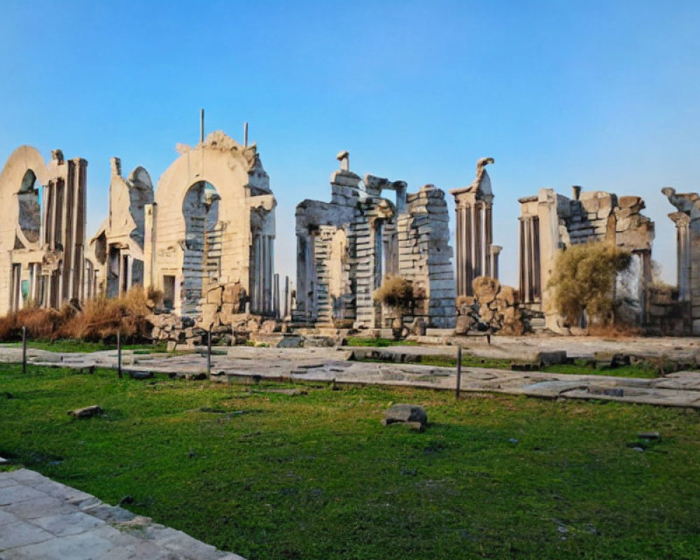 Ancient structure ruins with columns and architraves under clear blue sky